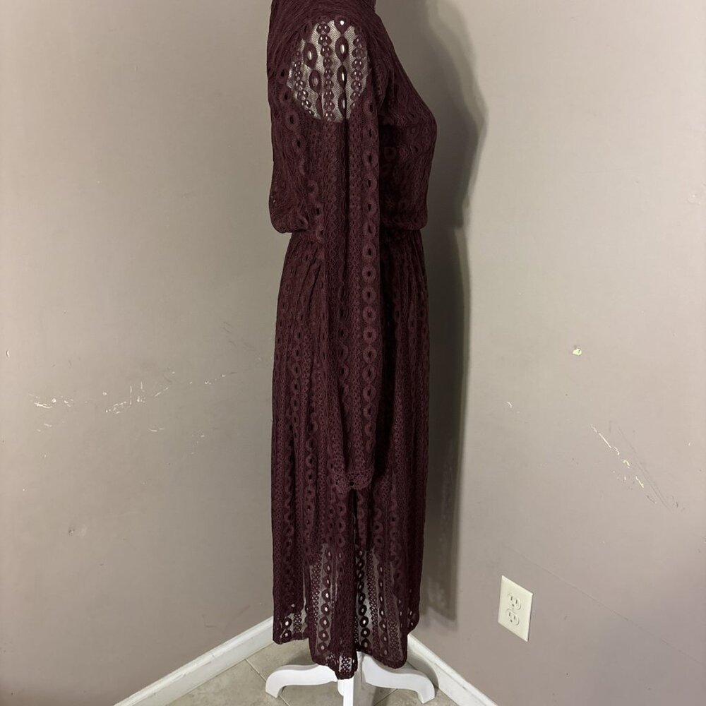 POL Maxi Dress Burgundy High Collar Lace Overlay Victoria Elastic Waist Sz S - Picture 4 of 8